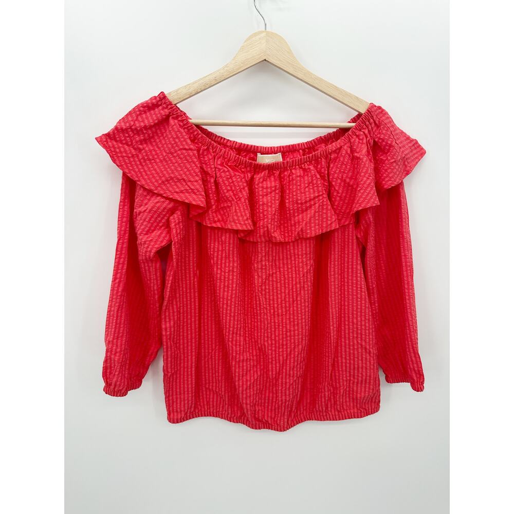 Michael Michael Kors Red Striped Seersucker Off-The-Shoulder Top Womens P/M Q19‎